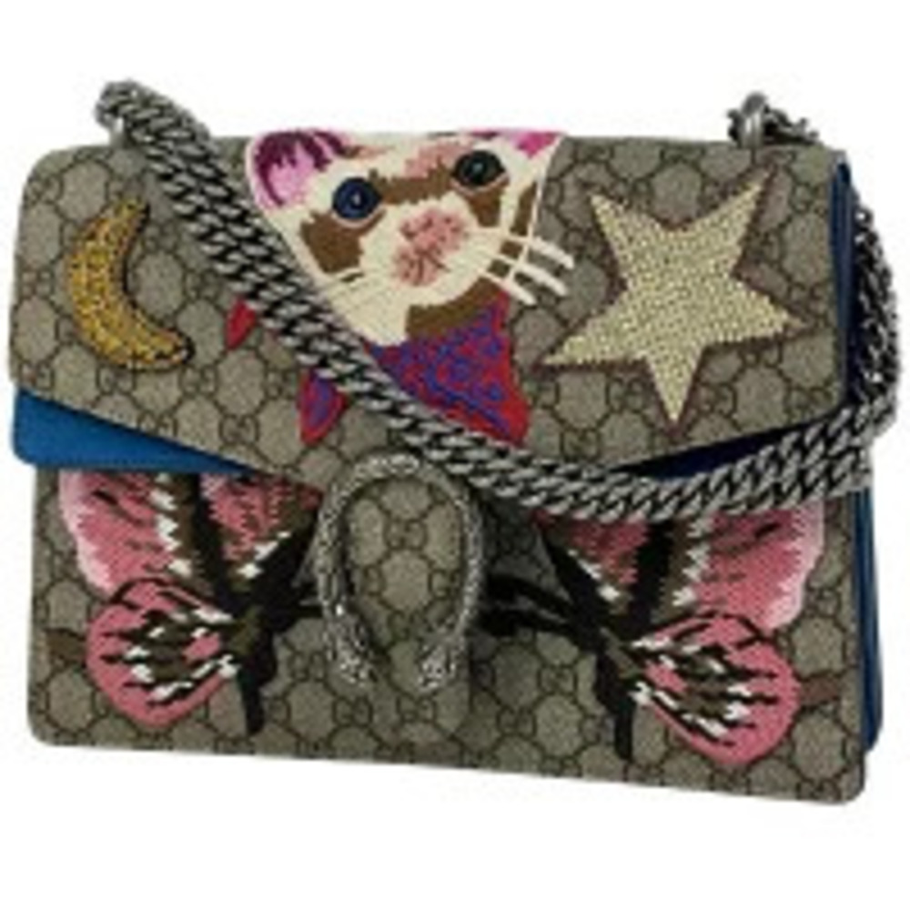 Gucci Dionysus Chain Shoulder Bag Cat Double Flap GG Supreme Beige Blue